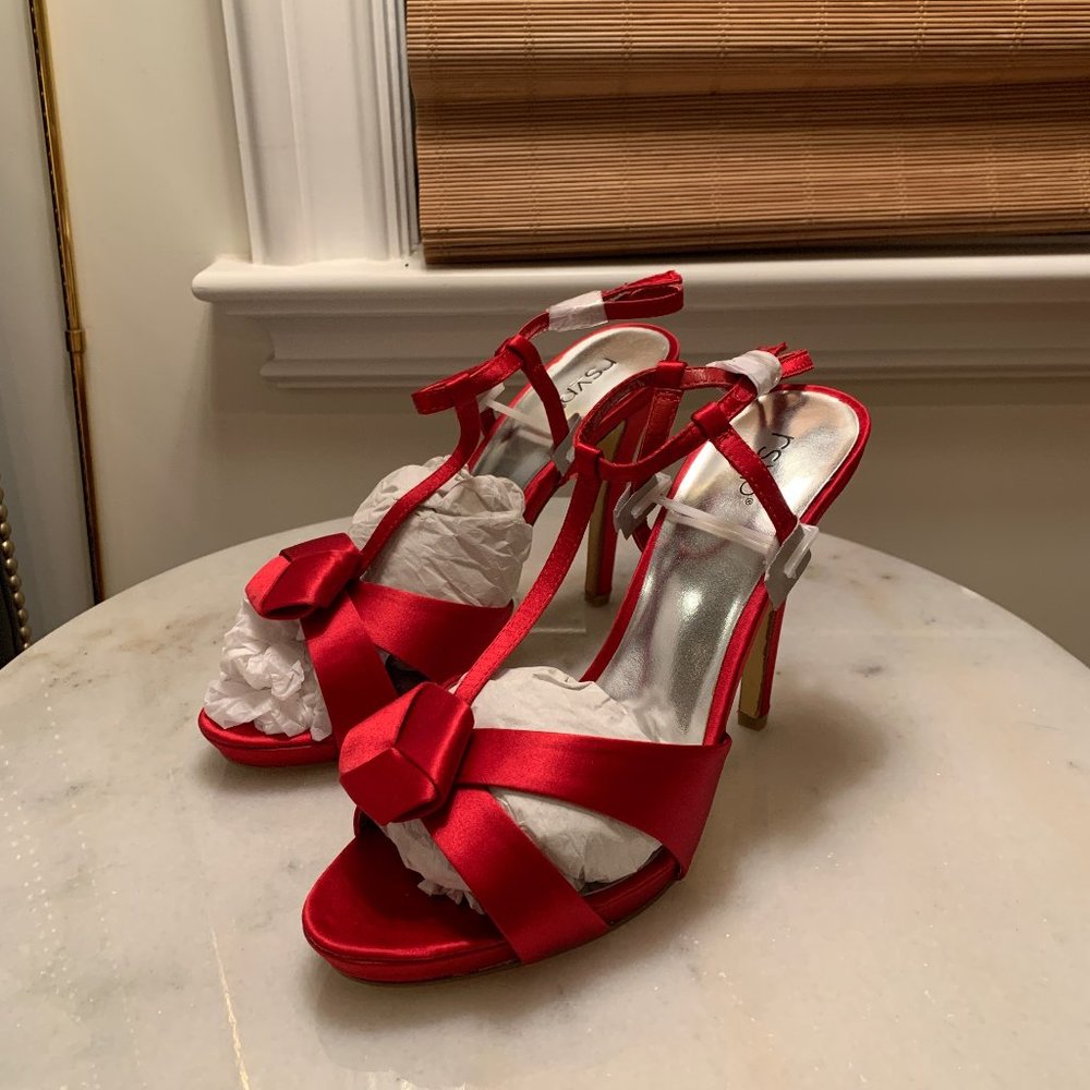 RSVP Red Satin Heels with Rosette Detail